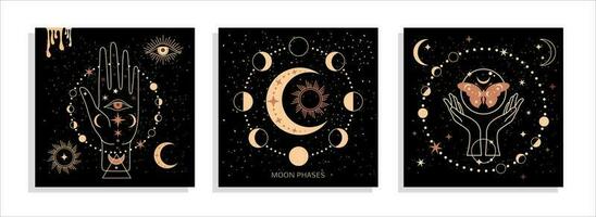 Banner set Mystical moon phases and woman hands and moth, alchemy esoteric magic space, sacred wheel of the year, vector isolated on black background