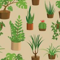 Vector seamless pattern with various houseplants on biege background. Wallpaper, background, paper or textile print.
