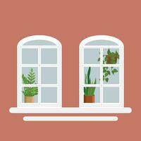 Square vector illustration of a wall with two windows with plants behind them