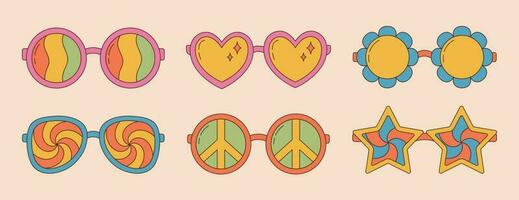 Collection of groovy hippie sunglasses in trendy retro 1970s style. Cartoon psychedelic elements. vector