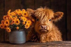 Cute baby highland cow on vase spring flowers. photo
