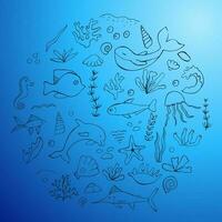 Vector set ocean day, marine life, coral reef, ocean in doodle style