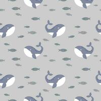 Seamless pattern. Repeating background with a whale and fish, marine motif. Gray colored ornamental pattern, boho style. Hand drawn. Design t for fabric, wrapping, printing, banner, template.Vector vector