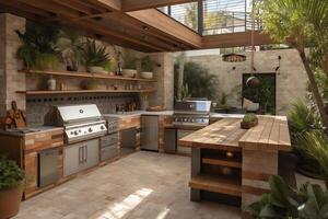 An outdoor entertainment area with a builtin barbecue and a bar setup. photo