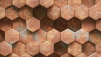 3d animation loop rust metal hexagon tiled wall as geometric background video