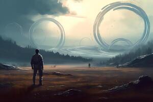 Scifi scene showing futuristic man standing in a field looking at the planet with giant rings digital art style illustration painting. photo