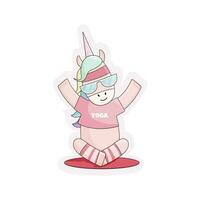 the flat isolated cute kawaii unicorn in pink t-shirt making yoga padmasana vector