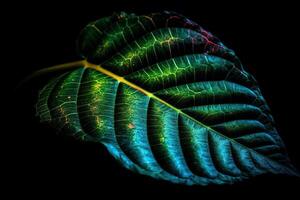 Tropical leaf est glow in the black light background high contrast. photo