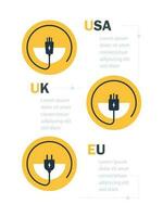 tipos de enchufe tapones icono colocar. cable tapones tipo EE.UU, Reino Unido, UE ilustración símbolo. firmar eléctrico enchufe vector plano