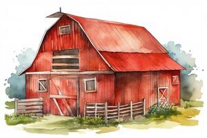 Cute cartoon hay barn or cowshed in red color isolated on white background watercolour postcard texture book wallpaper print graphic resources calendar. photo