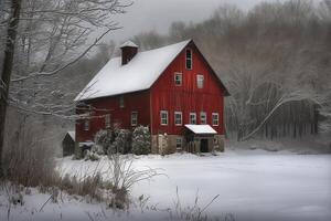 Red winter barn on christmas. photo