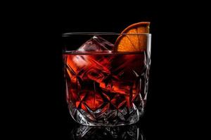 Glass of negroni cocktail on black background render. photo