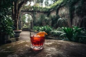Negroni cocktail photo taken outside near beautiful garden in bar great on its own social media or a poster landscape.