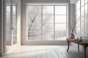 White empty room with winter landscape in window scandinavian interior design 3d illustration. photo