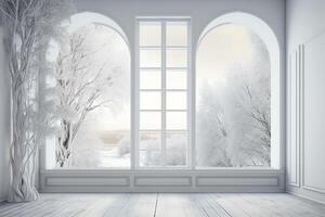 White empty room with winter landscape in window scandinavian interior design 3d illustration. photo