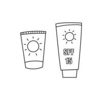 verano protector solar proteccion crema garabatear línea Arte ilustraciones colocar. spf 15 cuerpo concepto. vector