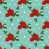 Vector seamless pattern with strawberries, blossoms and leaves on green background, fruit design.
