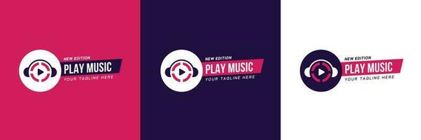 Collection of Music Logos with the Concept of Headphone Shapes and Play Buttons with Display of Variants of Color Combinations and Display Compositions. vector