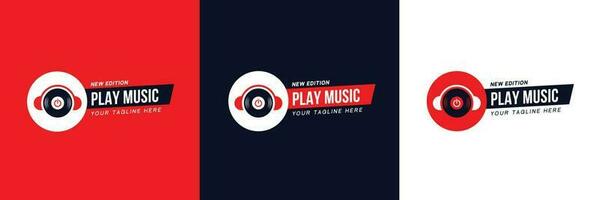 Collection of Music Logos with the Concept of Headphone Shapes and Play Buttons with Display of Variants of Color Combinations and Display Compositions. vector