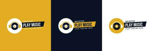 Collection of Music Logos with the Concept of Headphone Shapes and Play Buttons with Display of Variants of Color Combinations and Display Compositions. vector