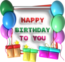 ilustração 3d feliz aniversário palavra ícone e presente caixa colorida balões png