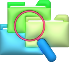 illustration 3D File search concept, folders and magnifying glass png