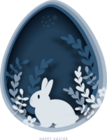 modèle de carte de voeux de joyeuses pâques. papier découpé illustration de lapin de pâques, herbe, fleurs et forme d'oeuf bleu. png