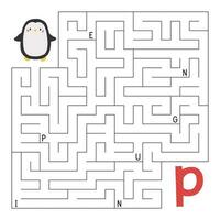 ABC maze game. Educational alphabet puzzle. Labyrinth with letters. Help penguin find right way to the letter P. Printable activity worksheet. Learn English language. Vector illustration