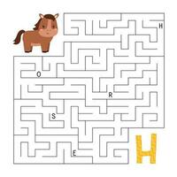 ABC maze game. Educational puzzle for kids. Labyrinth with letters. Help horse find right way to the letter H. Printable activity worksheet. Learn English language. Vector illustration