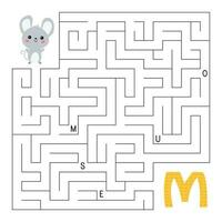 ABC maze game. Educational puzzle for children. Labyrinth with letters. Help mouse find right way to the letter M. Activity worksheet. Learn English language for preschool kids. Vector illustration