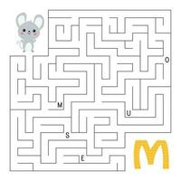 ABC maze game. Educational puzzle for children. Labyrinth with letters. Help mouse find right way to the letter M. Activity worksheet. Learn English language for preschool kids. Vector illustration