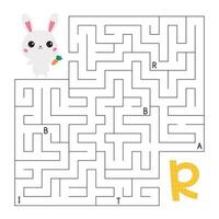 ABC maze game. Educational puzzle for children. Labyrinth with letters. Help rabbit find right way to the letter R. Activity worksheet. Learn English language. Vector illustration