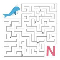 ABC maze game. Educational puzzle for kids. Alphabet labyrinth with letters. Help narwhal find right way to the letter N. Learn English language for preschooler. Vector illustration