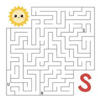 Learn letters. ABC maze game. Educational puzzle for kids. Help the sun find right way to the letter S. Activity worksheet with labyrinth. Learn English language. Vector illustration