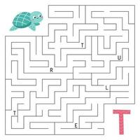 Learn letters. ABC maze game. Educational puzzle for kids. Help the turtle find right way to the letter T. Activity worksheet with labyrinth. Learn English language. Vector illustration