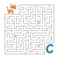 ABC maze game. Educational puzzle for preschool and school kids. Labyrinth with letters. Help cartoon cat find right way to the letter C. Activity worksheet. Vector illustration