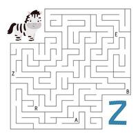 Learn letters. ABC maze game. Educational puzzle for children. Help kawaii zebra find right way to the letter Z. Activity worksheet with labyrinth. Learn English language. Vector illustration