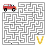 ABC maze game. Learn letters. Educational puzzle for kids. Help kawaii Van find right way to the letter V. Activity worksheet with labyrinth. Learn English language. Vector illustration