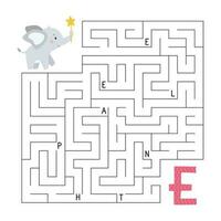 ABC maze game. Educational puzzle for kids. Labyrinth with letters. Help elephant find right way to the letter E. Activity worksheet. Learn English language. Vector illustration