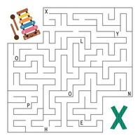 Learn letters. ABC maze game. Educational puzzle for kids. Help kawaii xylophone find right way to the letter X. Activity worksheet with labyrinth. Learn English language. Vector illustration