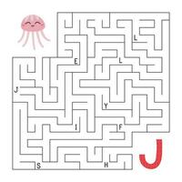 ABC maze game. Educational puzzle for kids. Labyrinth with letters. Help jellyfish find right way to the letter J. Activity worksheet. Learn English language. Vector illustration