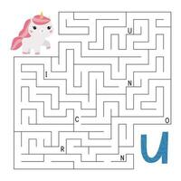 Learn letters. ABC maze game. Educational puzzle for children. Help the unicorn find right way to the letter U. Activity worksheet with labyrinth. Learn English language. Vector illustration