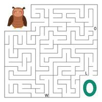 ABC maze game. Educational puzzle for children. Labyrinth with letters. Help owl find right way to the letter O. Printable activity worksheet. Learn English language. Vector illustration