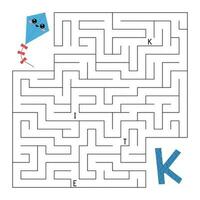 ABC maze game. Educational puzzle for children. Labyrinth with letters. Help kite find right way to the letter K. Printable activity worksheet. Learn English language. Vector illustration