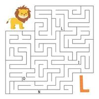 ABC maze game. Educational puzzle for children. Labyrinth with letters. Help lion find right way to the letter L. Printable activity worksheet. Learn English language. Vector illustration