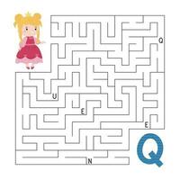 ABC maze game. Educational puzzle for children. Labyrinth with letters. Help queen find right way to the letter Q. Printable activity worksheet. Learn English language. Vector illustration