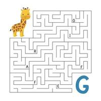 ABC maze game. Educational puzzle for children. Labyrinth with letters. Help giraffe find right way to the letter G. Printable activity worksheet. Learn English language. Vector illustration