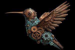 Steampunk hummingbird with clockwork gears metal and patina rust black background texture centered design. photo