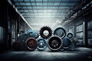 Creative cogwheel design on an industrial backdrop including an advertising interaction partnership system using gear wheels as a metaphor business and collaboration connections. photo