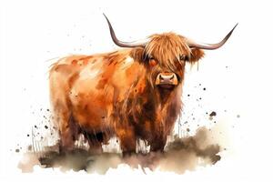 Highland cow isolated on white background farm animals handpainted watercolor illustration agriculture farmland nature village landscape organic farming. photo